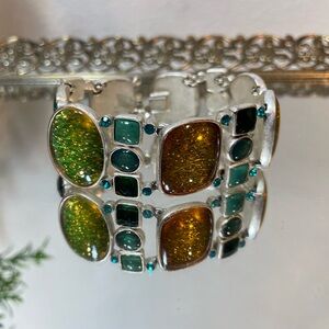 Liz Claiborne Silver Tone Statement Bracelet. Green, Amber & Teal Rhinestones.
